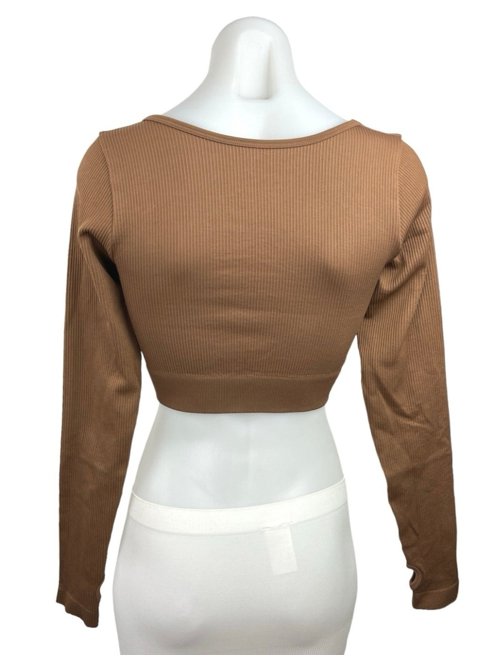 OQQ Crop Top Ribbed Seamless Workout Underscrub Long-Sleeve Brown Small - Picture 5 of 6